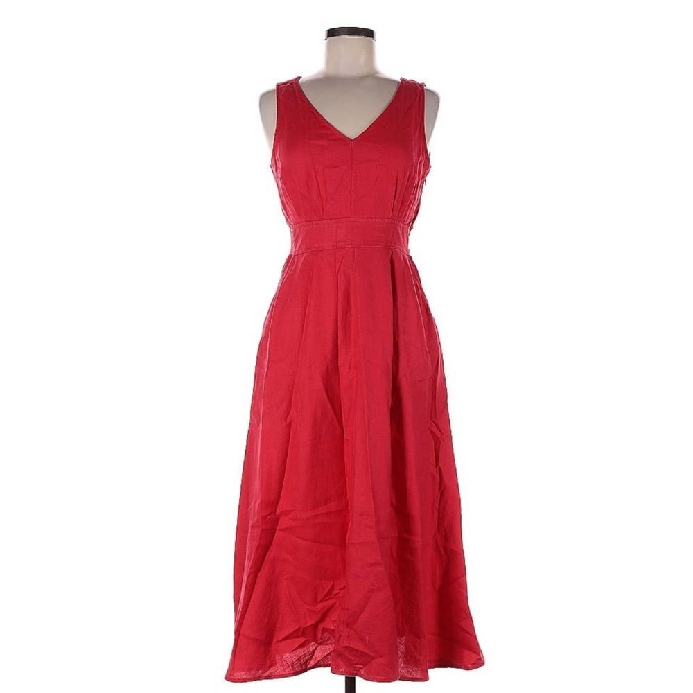 Nicole Miller Linen Red Fit and Flare Midi Dress Pockets Sz 2 - Picture 2 of 7